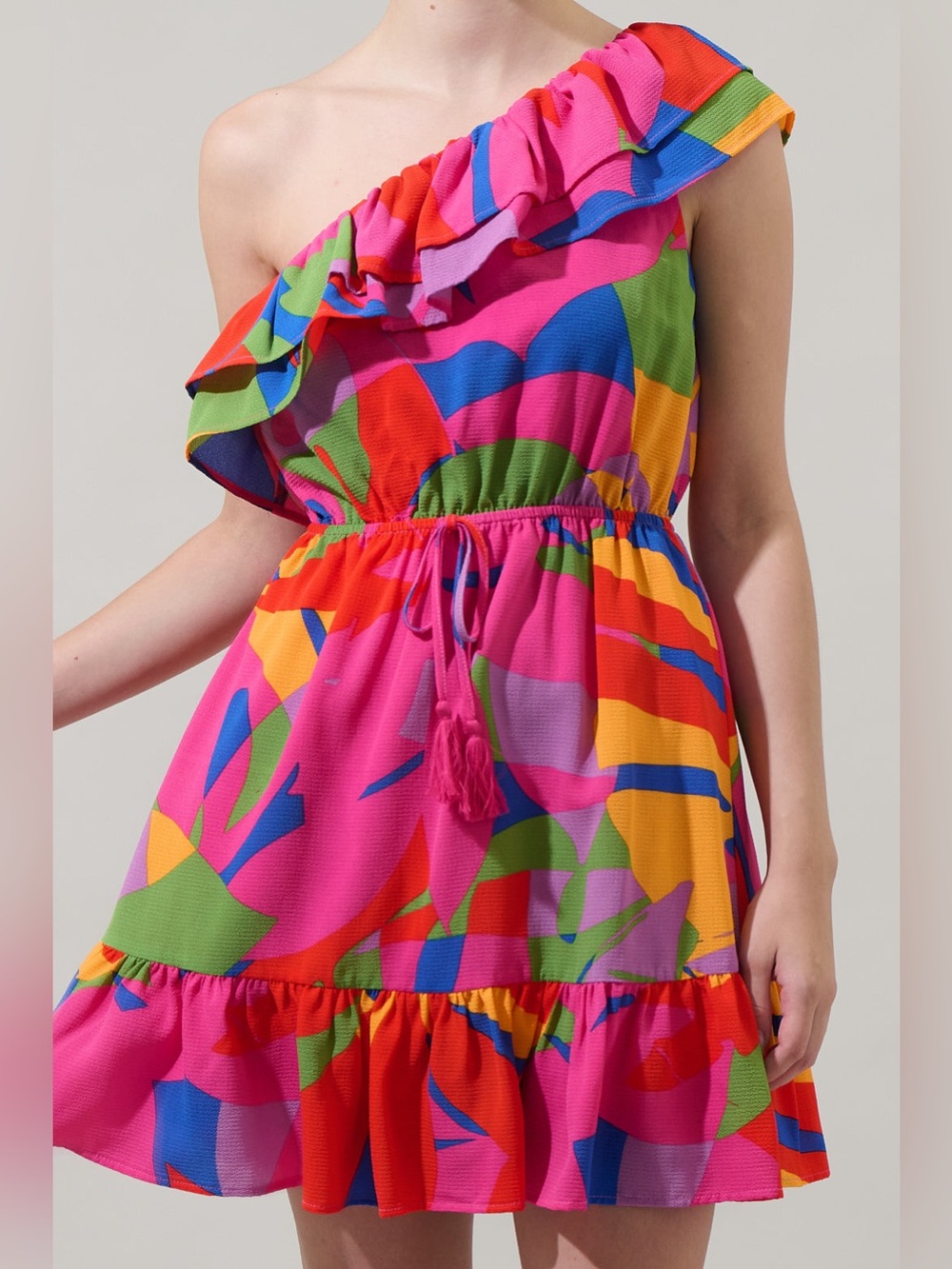Sugarlips One-Shoulder Pink Multi-Color Ruffle Mini Dress - Picture 3 of 3